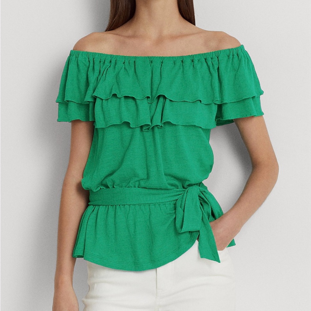 Ralph Lauren Green Ruffled Tie Front Blouse
